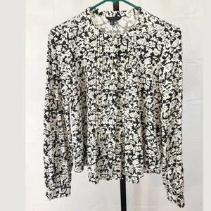 Lucky Brand Pleated Leaf Print Blouse Black Ivory